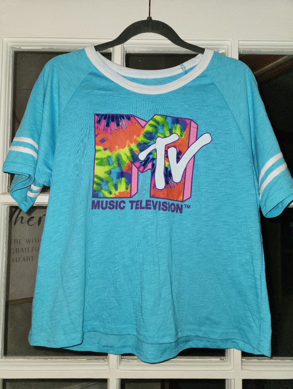 MTV 2021 Tie Dye Logo Raglan T Shirt Large Blue Varsity Stripe Retro 90s